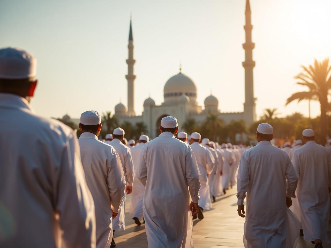 Pilgrims in ihram walking towards the mosque